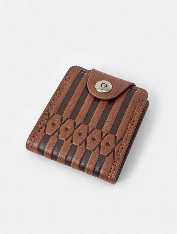 Men’s Short Leather Wallet – Brown Stylish Wallet with Button Lock, Card Slots & Coin Pocket