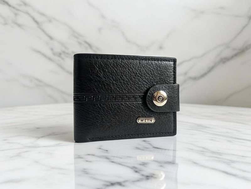 Men’s Leather Wallet – Black Short Wallet with Button Lock, Card Slots, ID Window & Coin Pocket