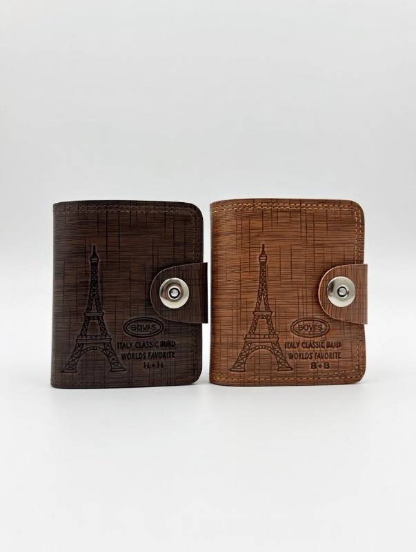 Men’s Leather Wallet – Eiffel Tower Design Short Wallet with Button Lock, Card Slots & Coin Pocket