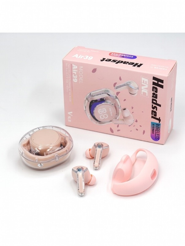 Air39 TWS Wireless Earbuds - Transparent Crystal Case, ENC Noise Reduction, Bluetooth 5.3 Hi-Fi Stereo Headphones with Protective Silicone Cover - Pink