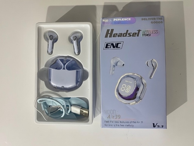 Air39 RGB Wireless Earbuds - 7-Color Breathing LED Lights, Transparent Crystal Case, Bluetooth 5.3, ENC Noise Canceling Hi-Fi Stereo Headphones - Pink