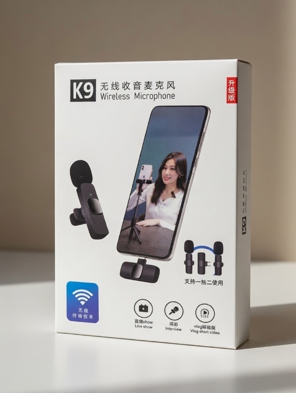 K9 Wireless Lavalier Microphone Dual Clip-On - Noise Cancelling Lapel Mic for Phone Vlog Live Streaming Interview (Type-C & Lightning Compatible)