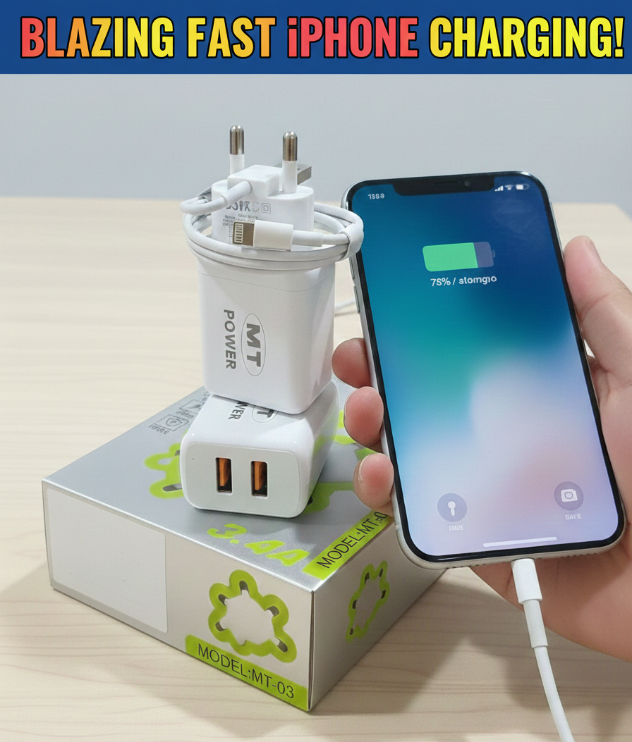 MT POWER 3.4A Dual USB Fast Charger Set - Model MT-03 - Includes High-Speed iPhone Lightning Cable - Dual Port Wall Adapter for Apple Devices