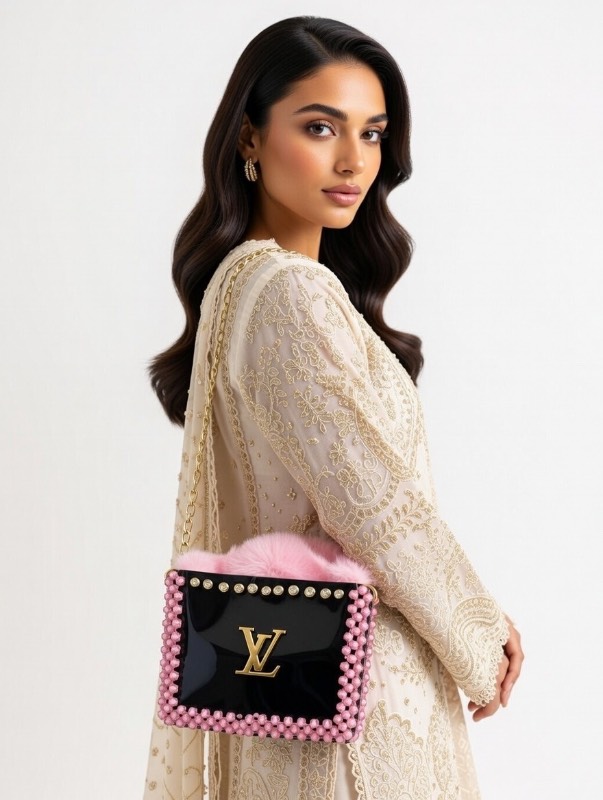 Luxury Black Acrylic Handbag with Pink Crystal Beads & Faux Fur Trim