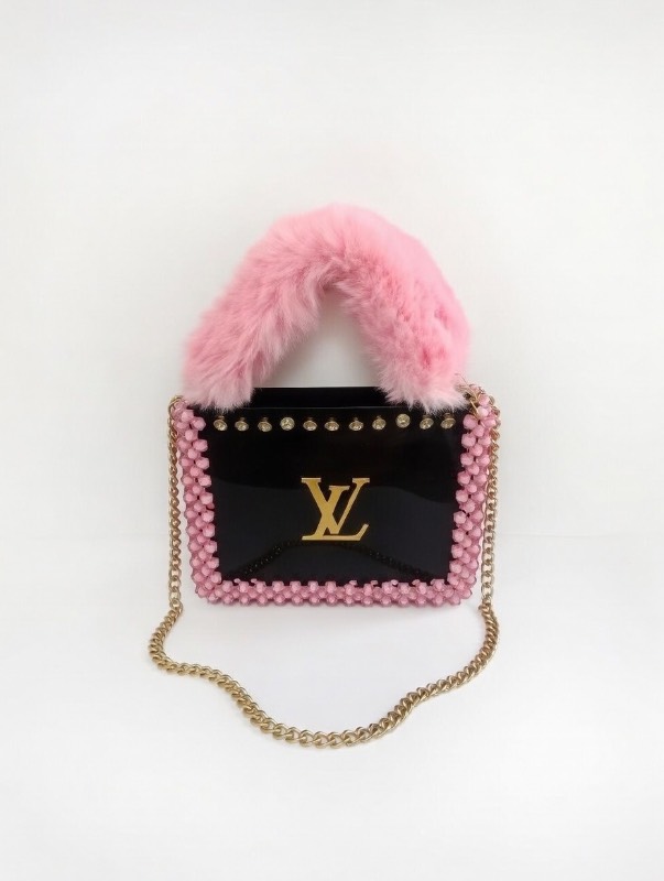 Luxury Black Acrylic Handbag with Pink Crystal Beads & Faux Fur Trim - image 2