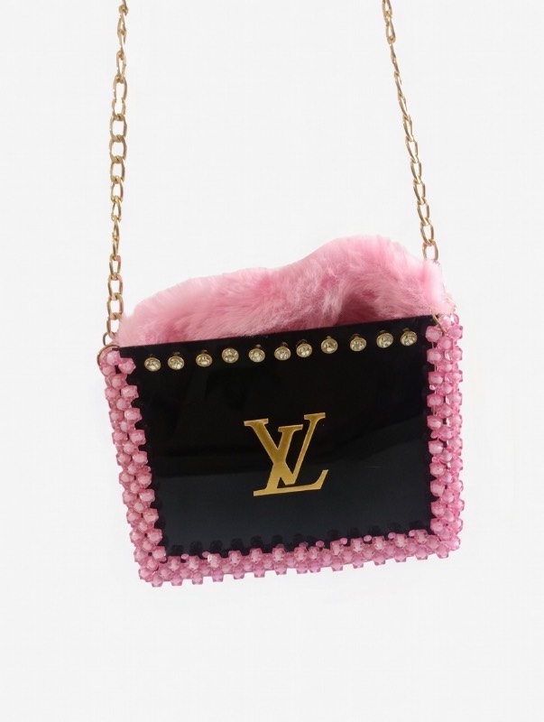 Luxury Black Acrylic Handbag with Pink Crystal Beads & Faux Fur Trim - image 3