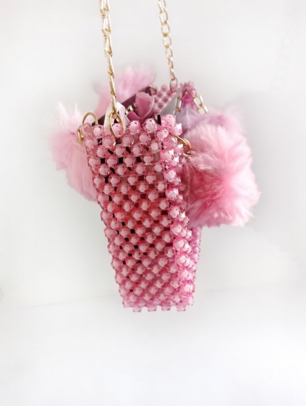 Luxury Black Acrylic Handbag with Pink Crystal Beads & Faux Fur Trim - image 4