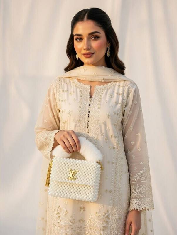 Elegant White Pearl Beaded Handbag with Soft Faux Fur Handle & Gold Tassel