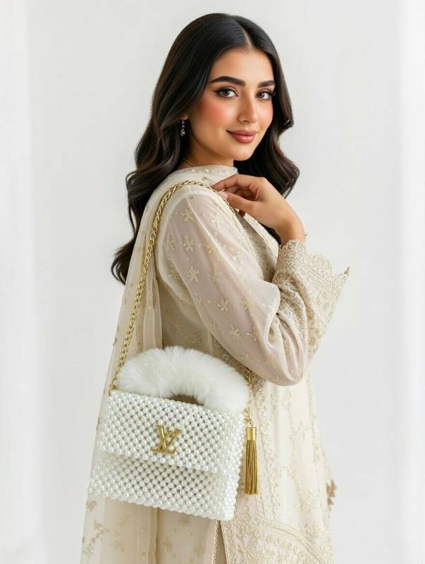 Elegant White Pearl Beaded Handbag with Soft Faux Fur Handle & Gold Tassel - image 3