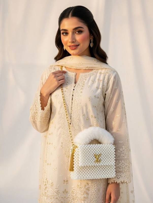 Elegant White Pearl Beaded Handbag with Soft Faux Fur Handle & Gold Tassel - image 4