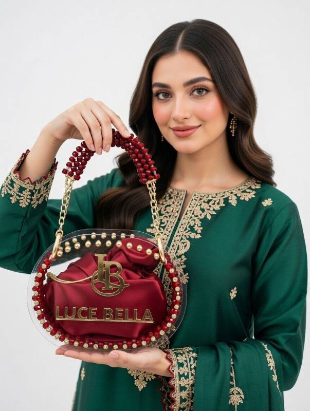Luce Bella Oval Crystal Bag – Maroon Satin Pouch with Transparent Acrylic Frame