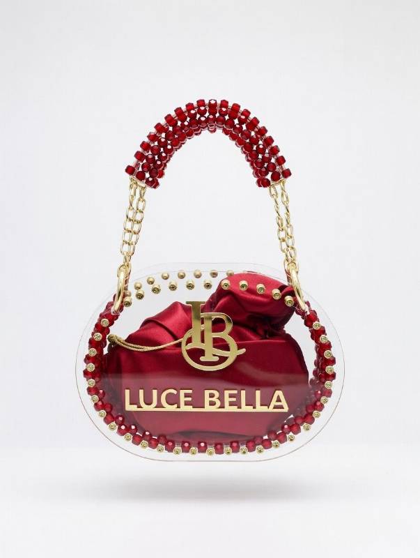 Luce Bella Oval Crystal Bag – Maroon Satin Pouch with Transparent Acrylic Frame