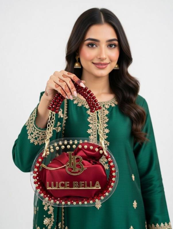 Luce Bella Oval Crystal Bag – Maroon Satin Pouch with Transparent Acrylic Frame - image 3
