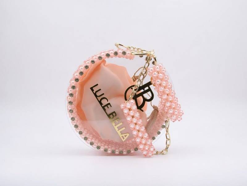 Luce Bella Circular Acrylic Handbag – Peach Satin Pouch with Crystal Bead Detailing