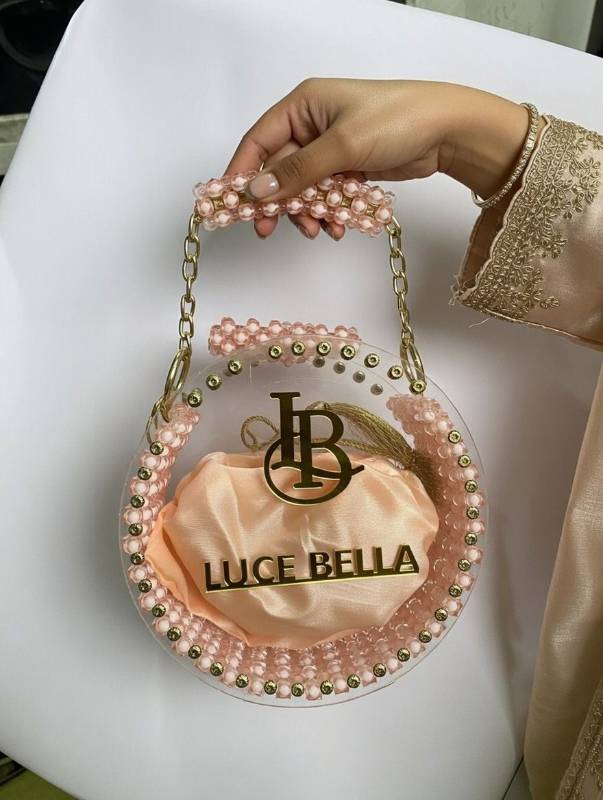 Luce Bella Circular Acrylic Handbag – Peach Satin Pouch with Crystal Bead Detailing - image 2
