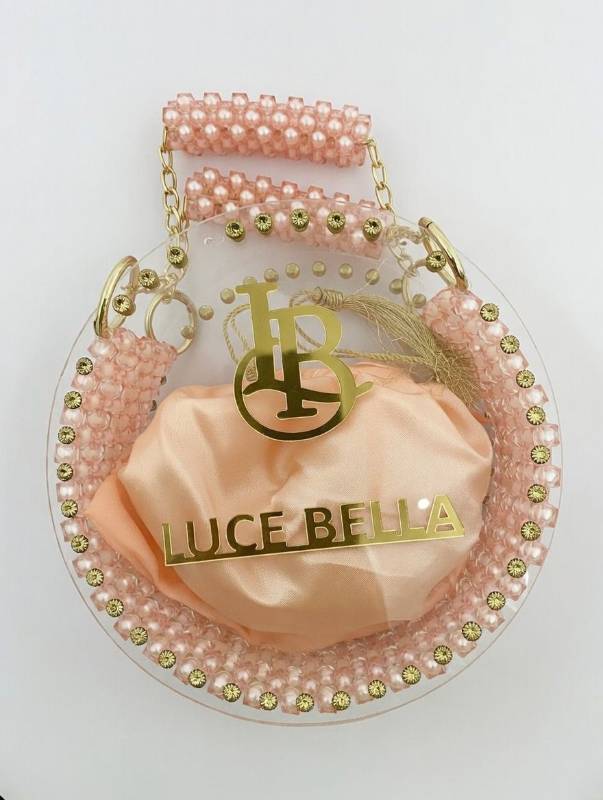 Luce Bella Circular Acrylic Handbag – Peach Satin Pouch with Crystal Bead Detailing - image 3
