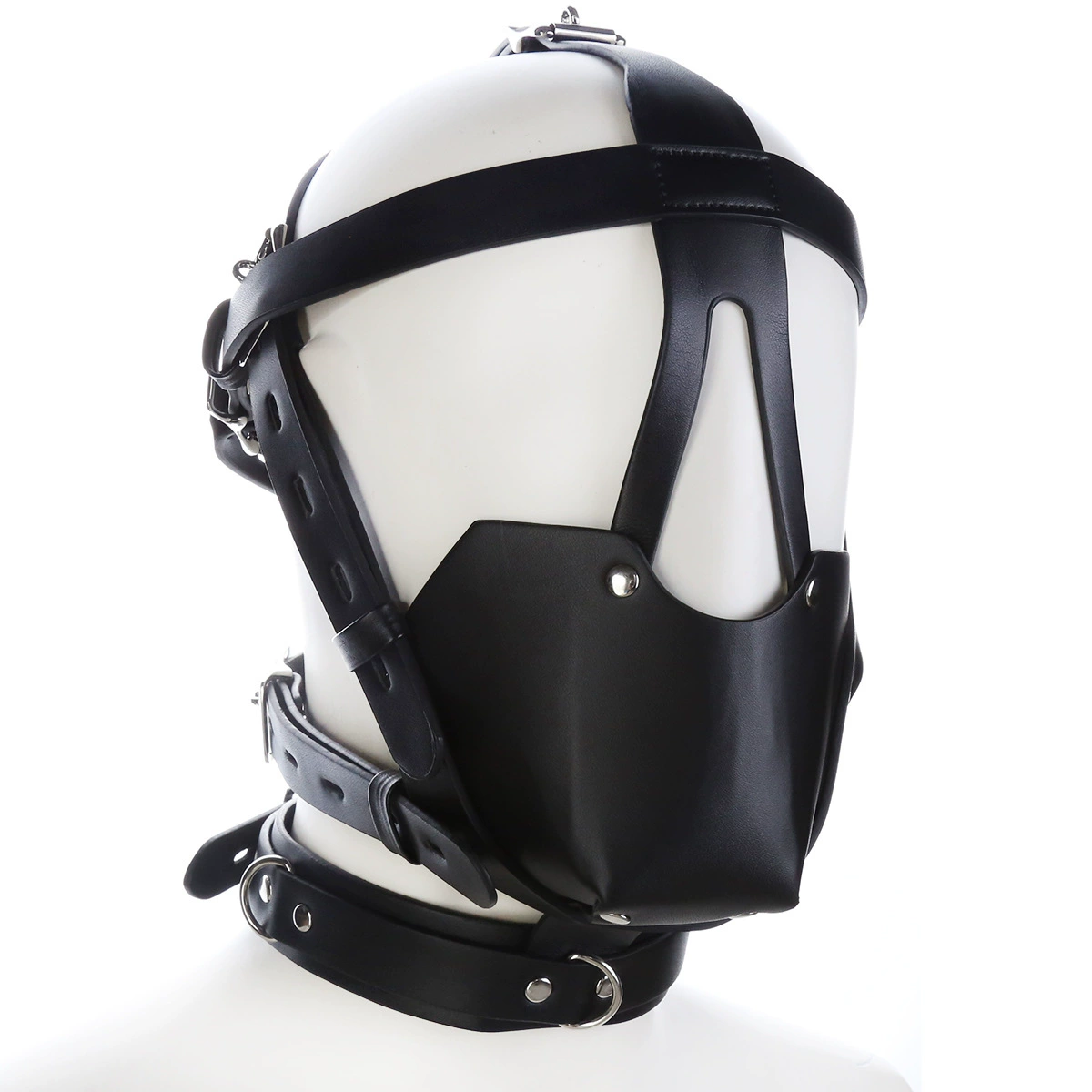 Black PU leather head harness with a muzzle gag panel and a D-ring collar, shown on a mannequin head