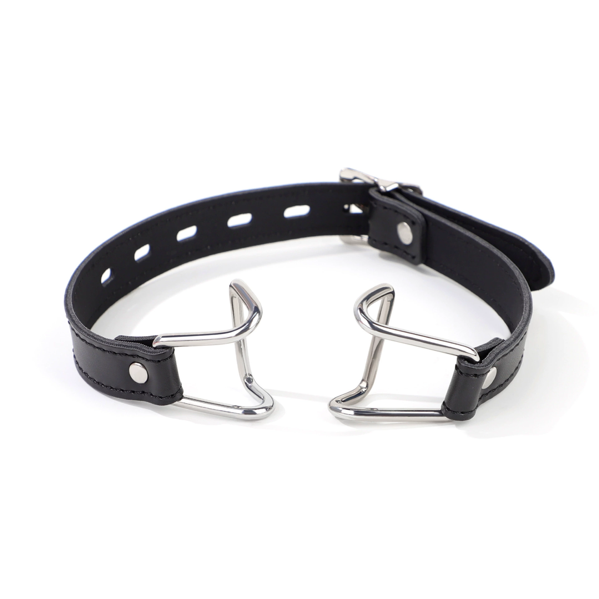 Black faux leather mouth hook gag with steel hooks