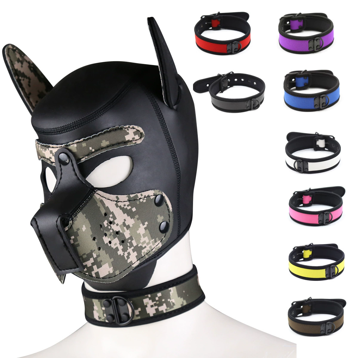 Neoprene pup collars with black D-rings in red, purple, grey, blue, white, pink, yellow, brown and camouflage