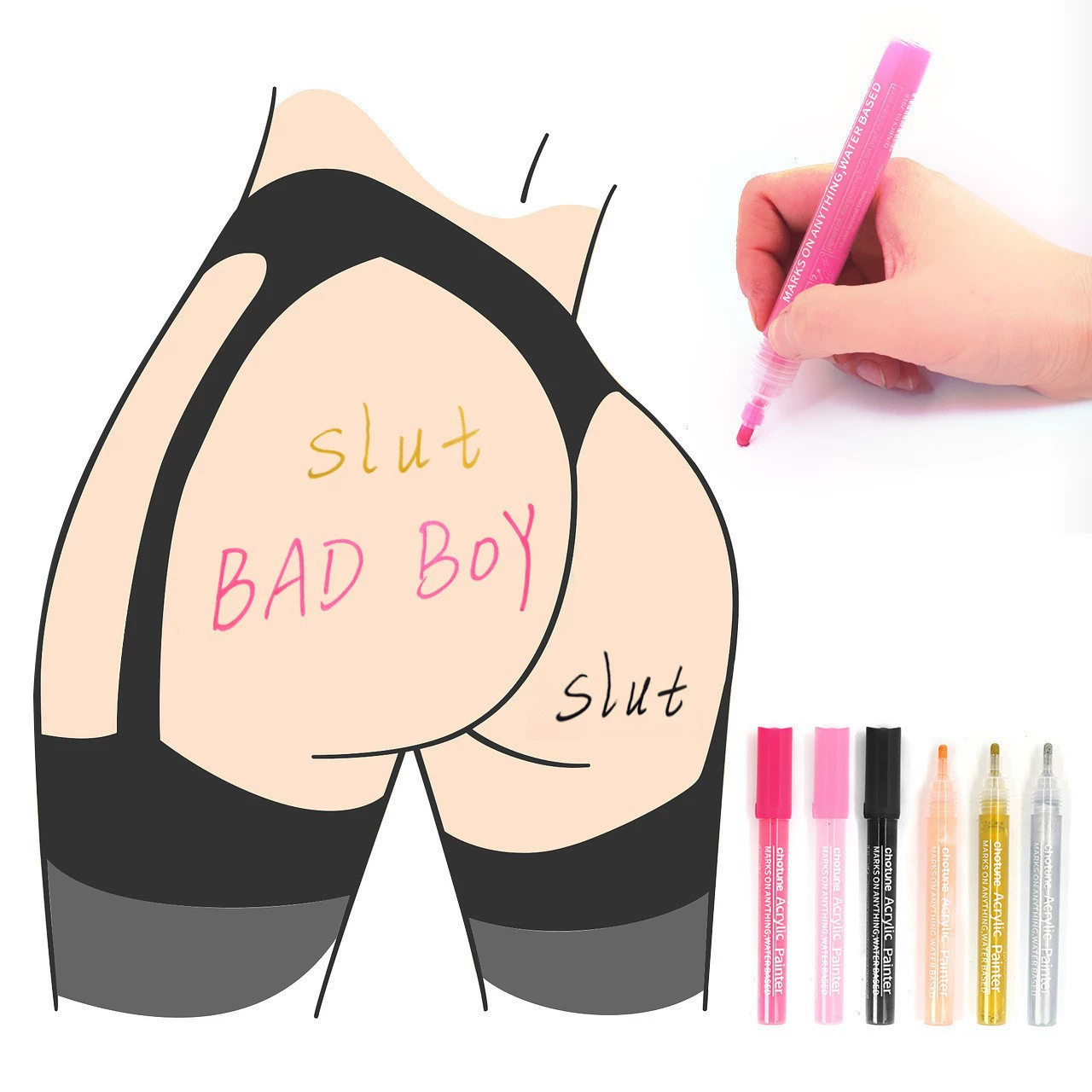 Illustration of words written on a body with paint marker pens, with six marker pens