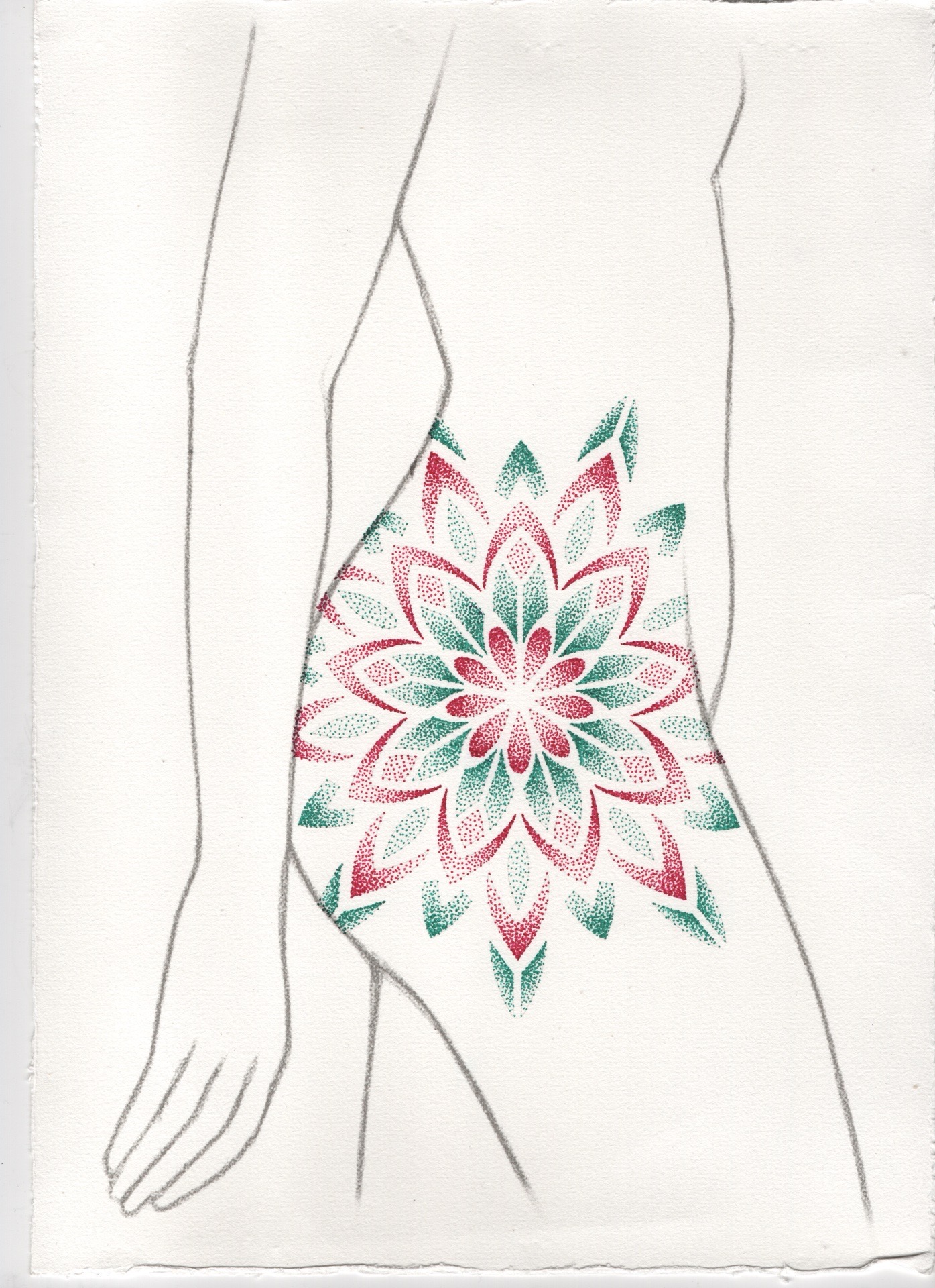 Grande mandala colorée, réalisée dans un style ornemental contemporain.
