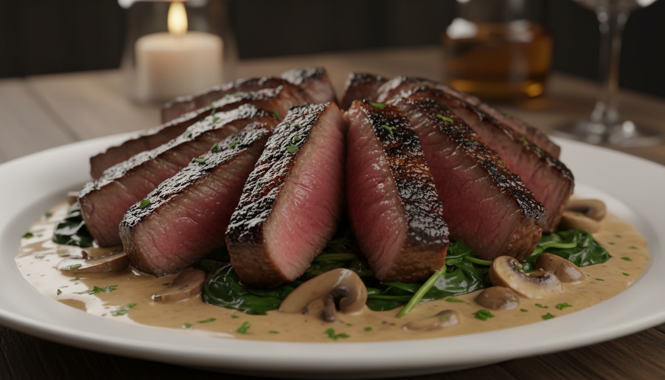 Pan-Seared Striploin with Creamy Mushroom & Spinach Sauce