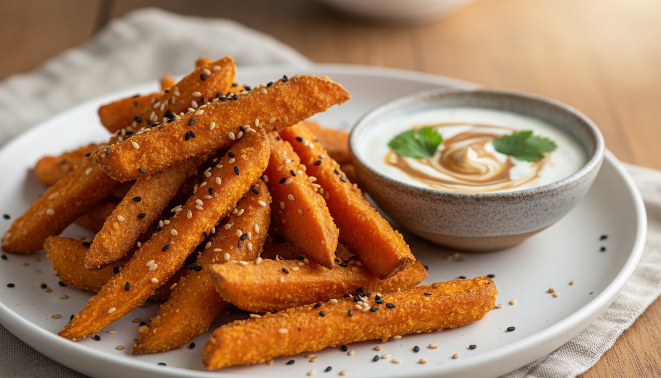 Air Fryer Sweet Potato Wedges with Tahini-Yogurt Dip