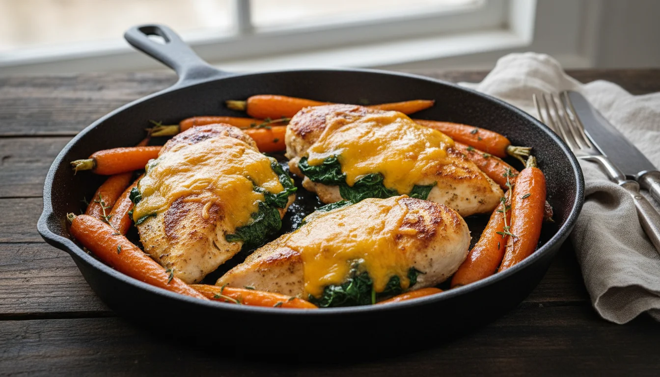 Spinach & Cheddar Stuffed Chicken with Honey Glazed Carrots