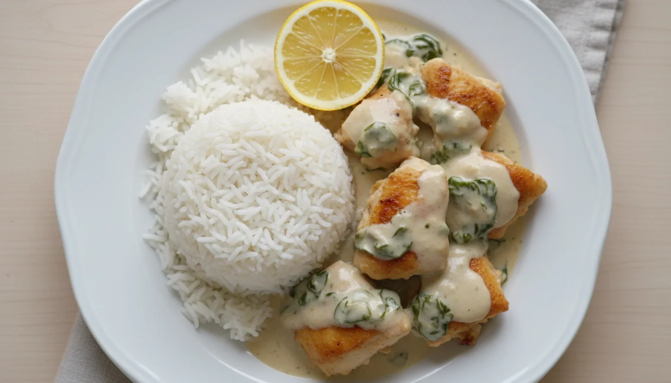 Creamy Garlic Yogurt Chicken with Spinach & Rice