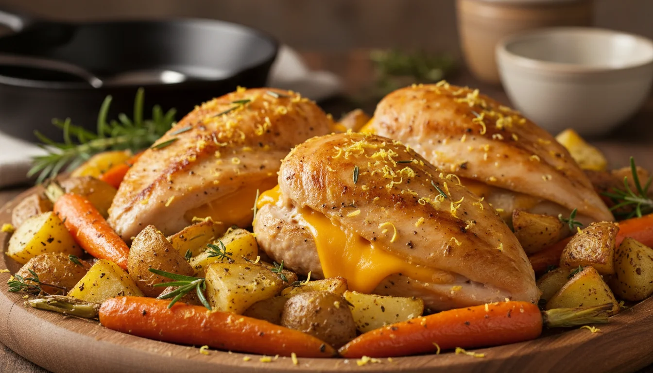 Cheddar and Spinach Stuffed Chicken with Roasted Vegetables