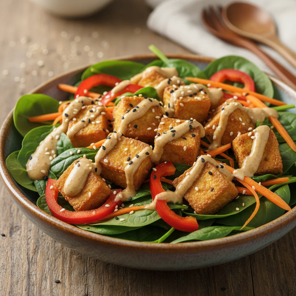 Crispy Tofu & Spinach Salad with Miso-Sesame Dressing