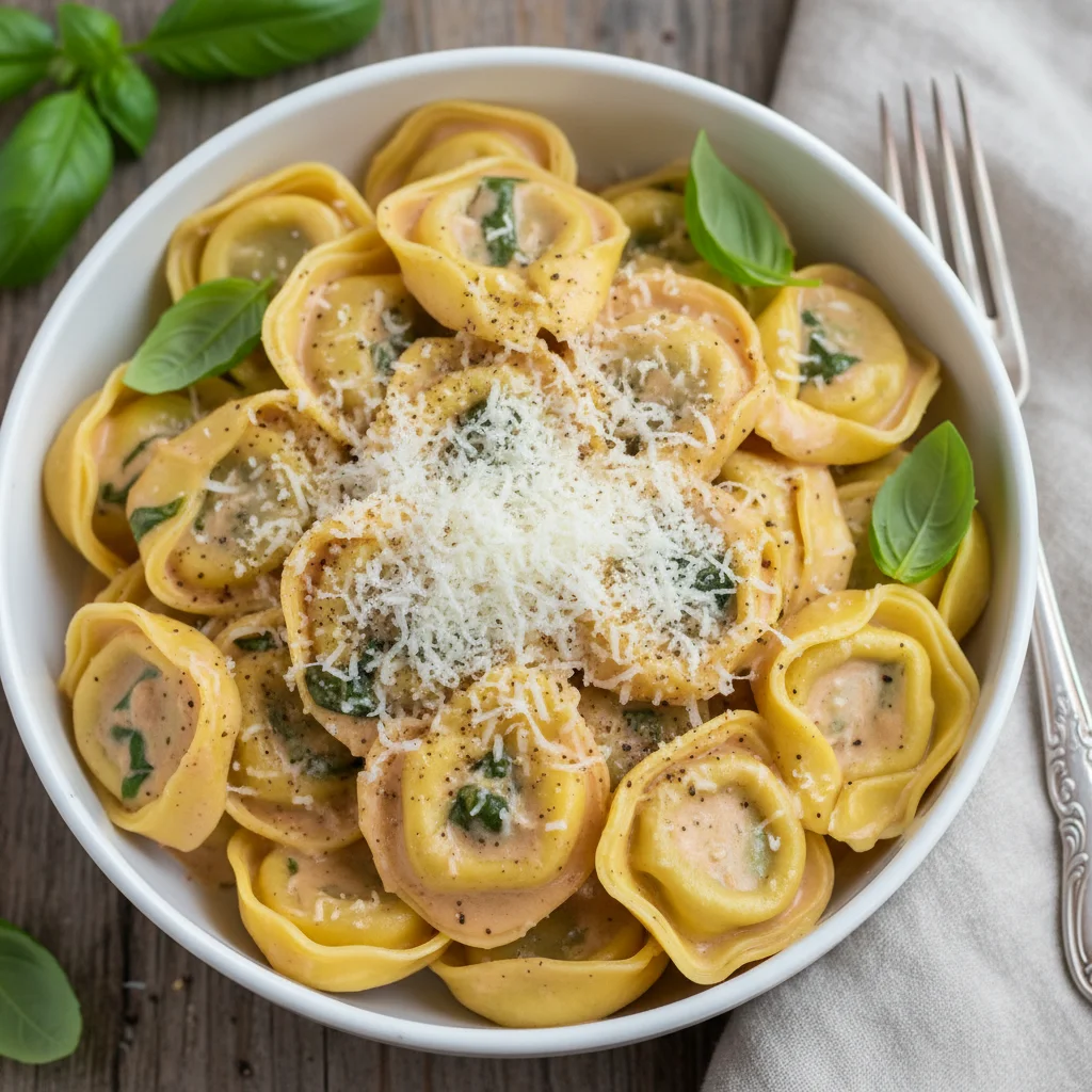 Homemade Spinach & Parmesan Tortellini in Pink Sauce