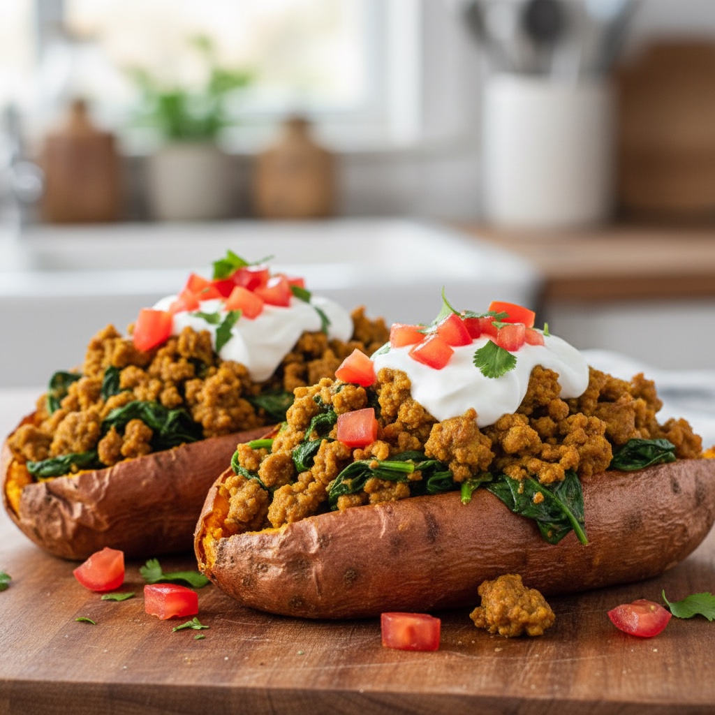 Curried Beef Stuffed Sweet Potatoes