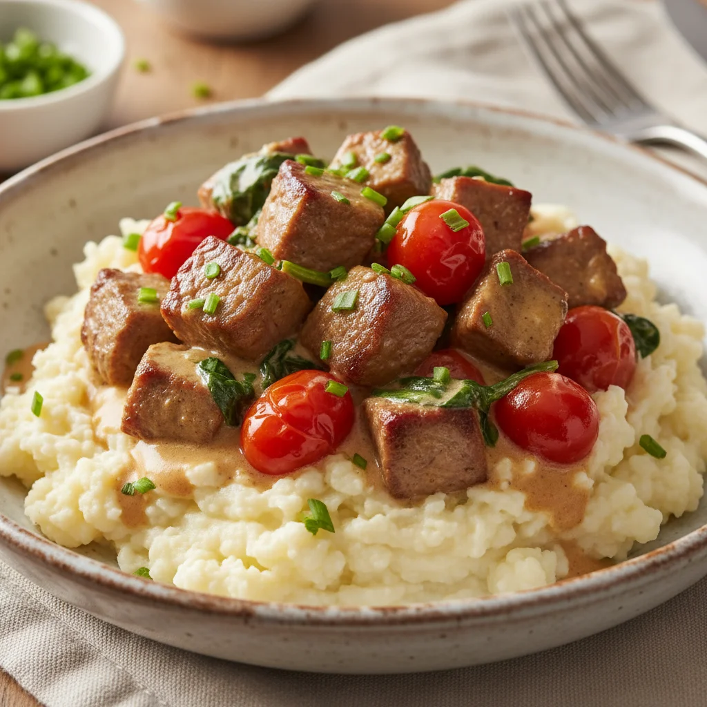Creamy Garlic Steak Skillet with Cauliflower Mash