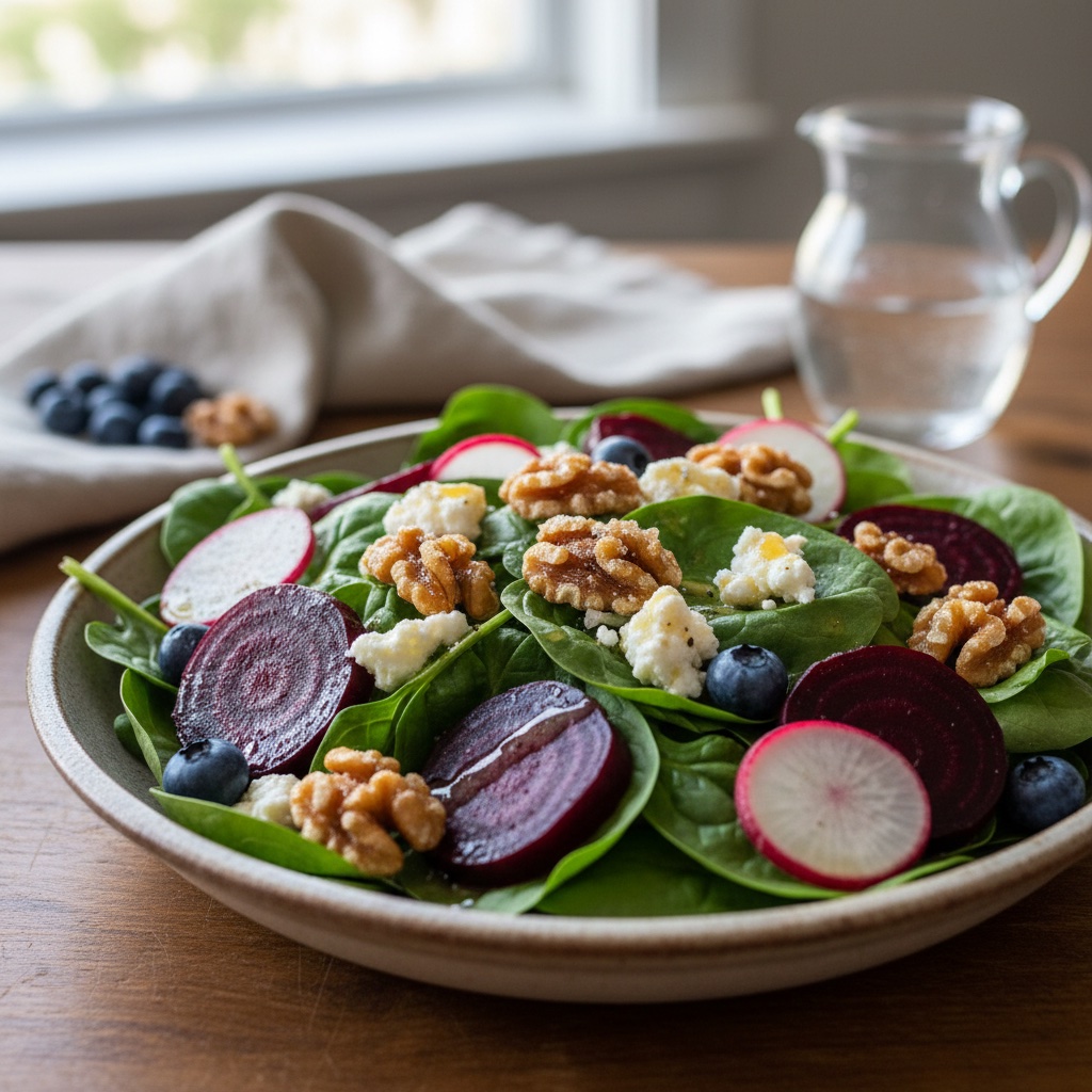 Roasted Beetroot & Goat Cheese Spinach Salad
