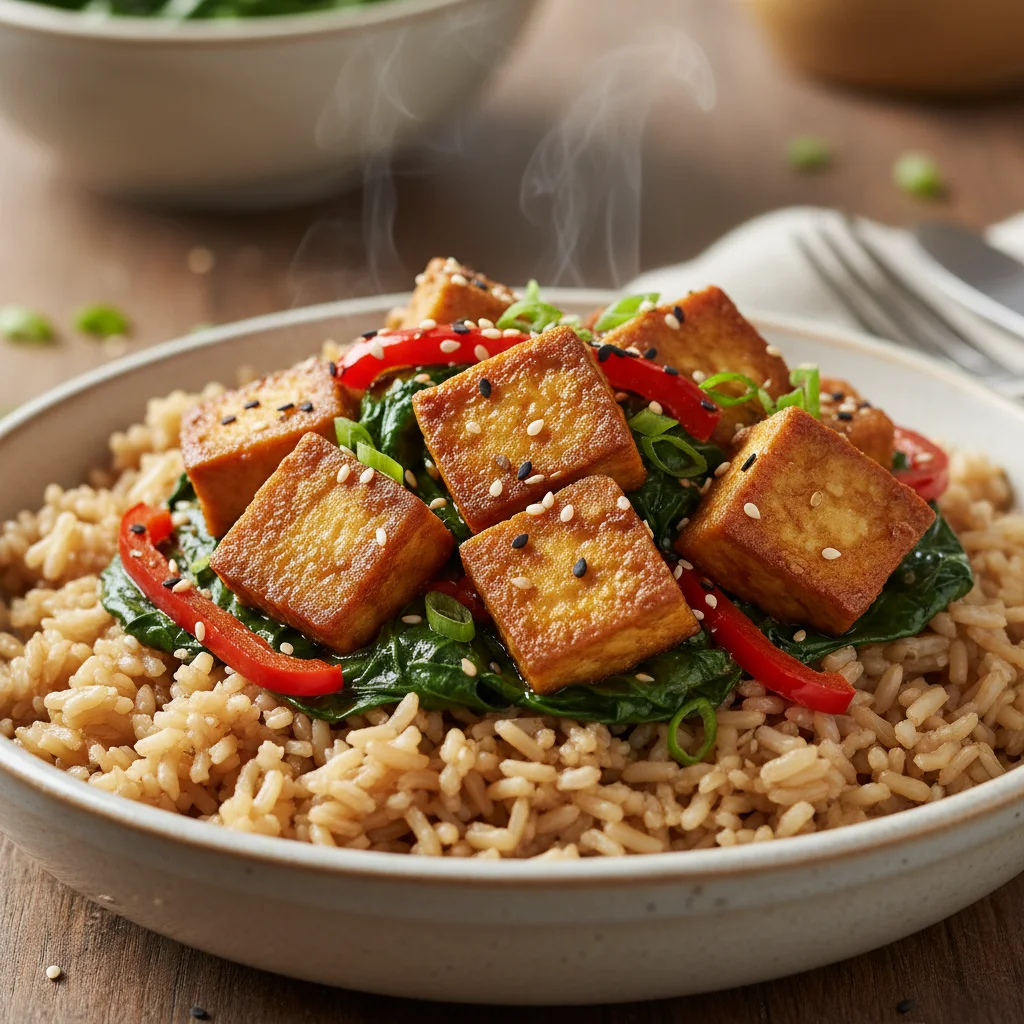 Crispy Sesame Tofu with Spinach & Peppers