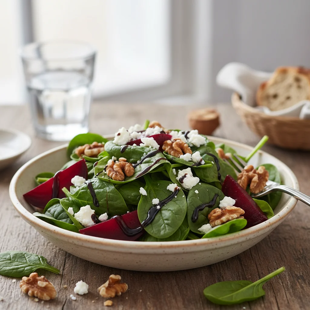 Beetroot & Goat Cheese Spinach Salad with Walnuts