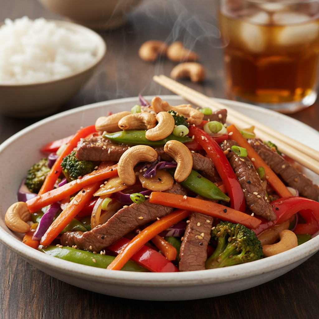 Sticky Beef & Cashew Stir-Fry with Rainbow Vegetables
