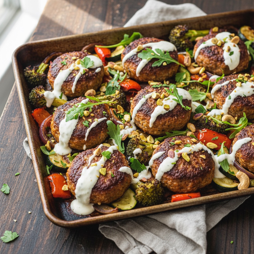 Sheet Pan Beef Kofta with Roasted Vegetables & Tahini