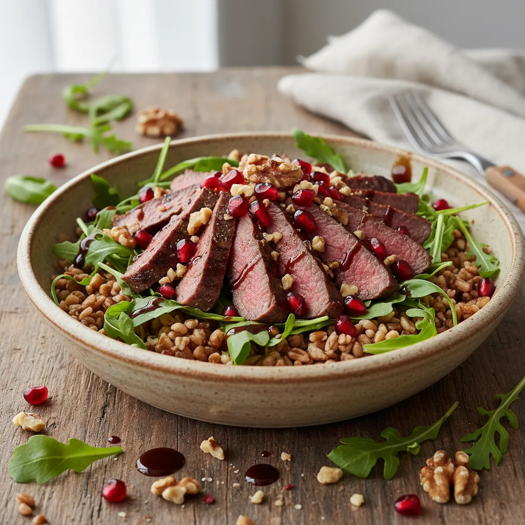 Warm Steak & Freekeh Salad with Pomegranate Molasses
