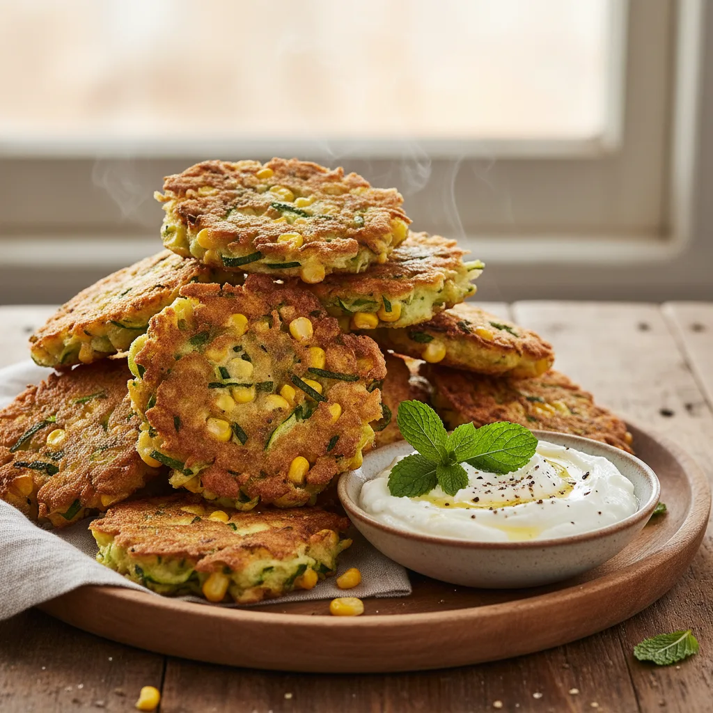 Crispy Zucchini & Corn Fritters with Herbed Labneh