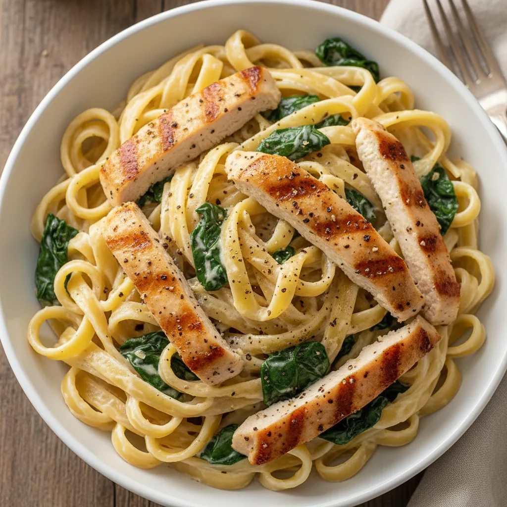 Creamy Chicken and Mushroom Spinach Fettuccine