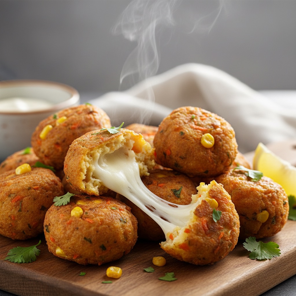Golden Corn & Carrot Fritters with Melted Mozzarella Center