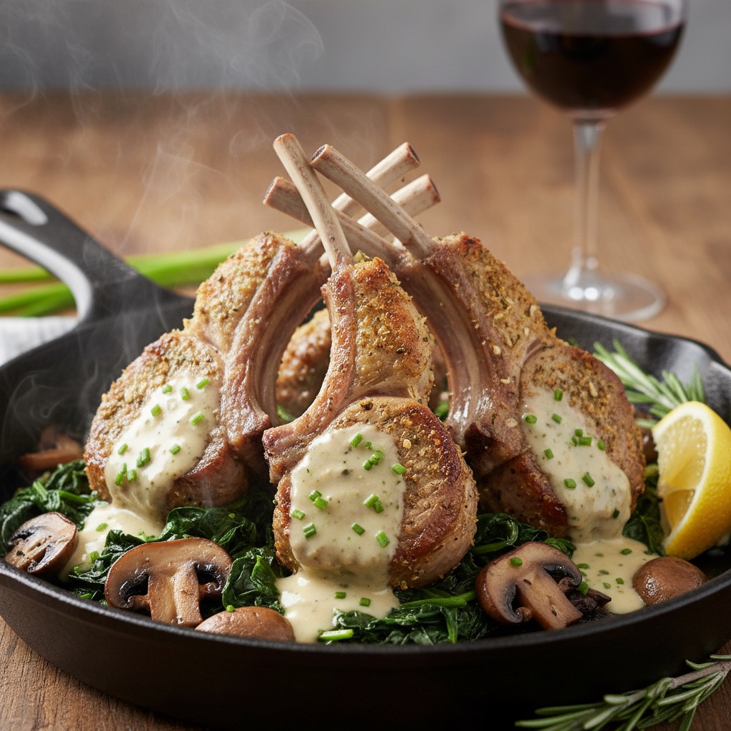 Garlic Sage Butter Lamb Chops with Creamy Mushrooms