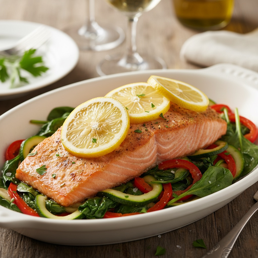 Mediterranean Lemon Baked Salmon with Zucchini and Peppers