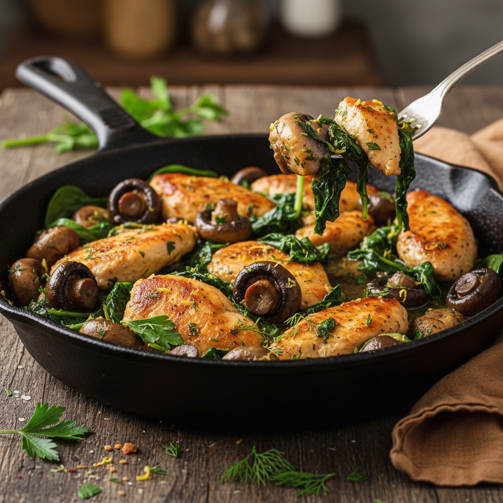 Healthy Garlic Mushroom Chicken with Wilted Spinach