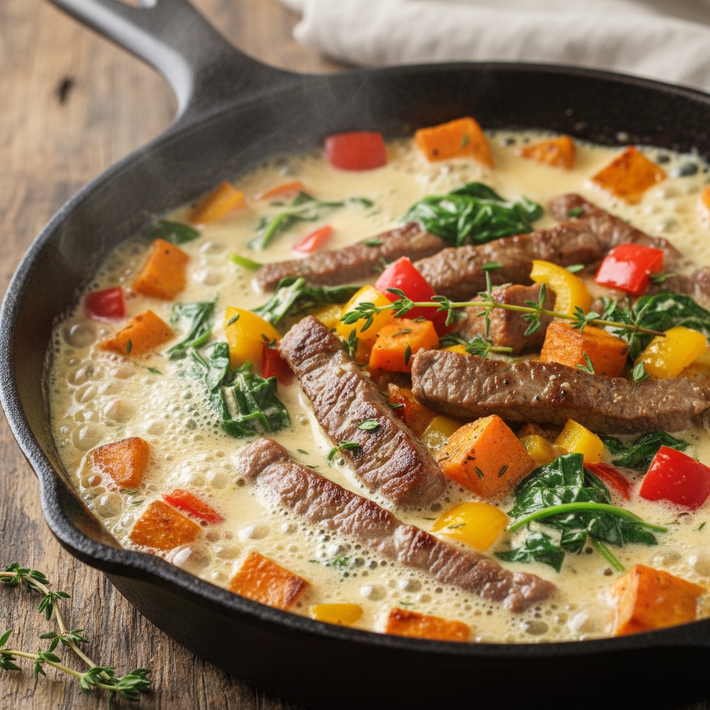 Creamy Gouda Steak & Sweet Potato Skillet