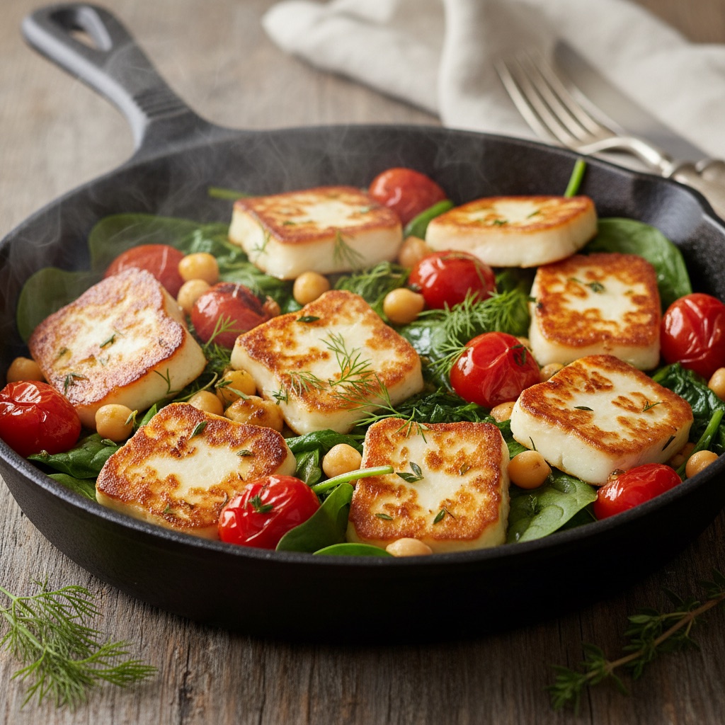 Lemon-Herb Halloumi & Chickpea Skillet with Wilted Spinach