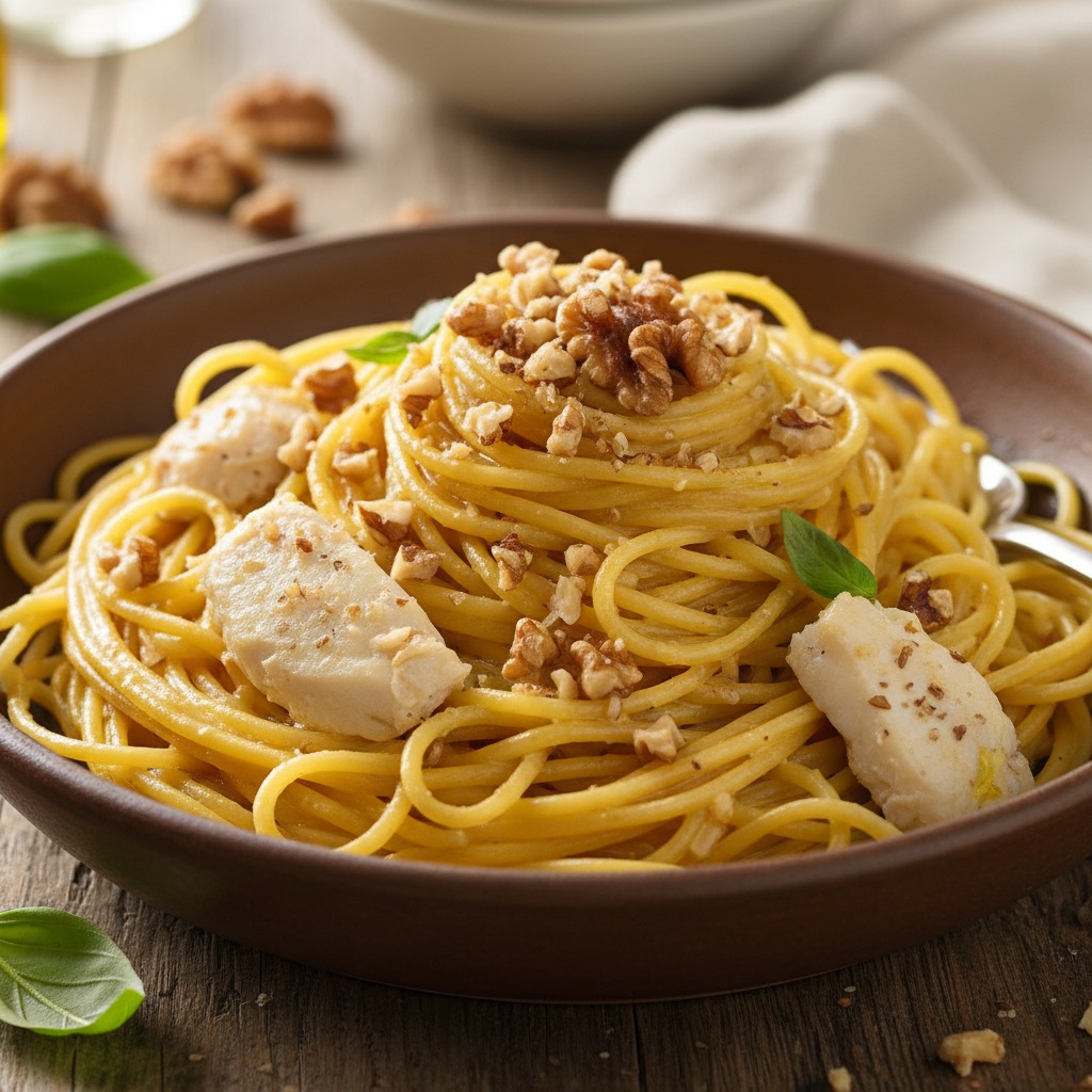 พาสต้าแกงกะหรี่ครีมกับปลาพอลล็อกและถั่ว