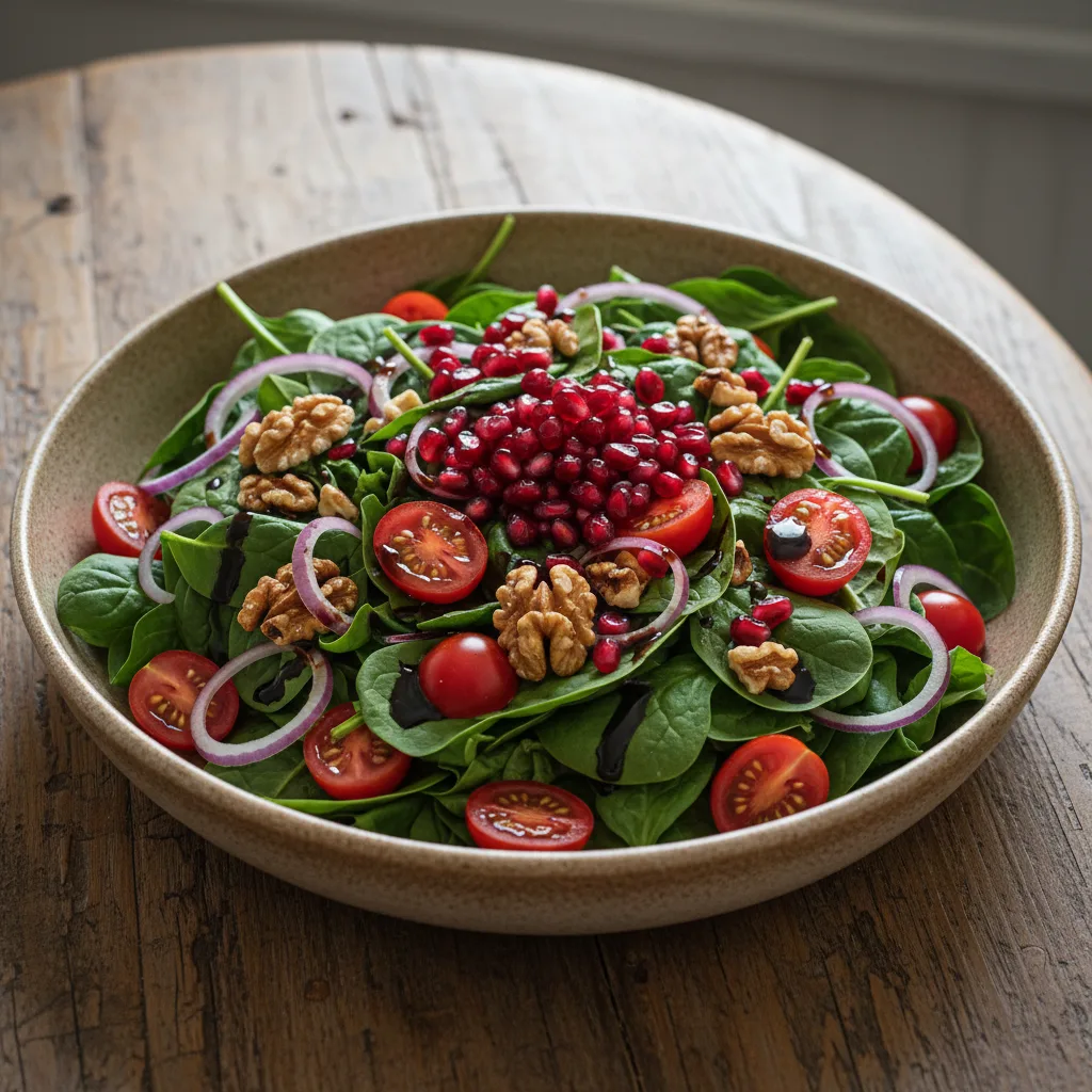 Špenátový salát s vlašskými ořechy a granátovým dresinkem